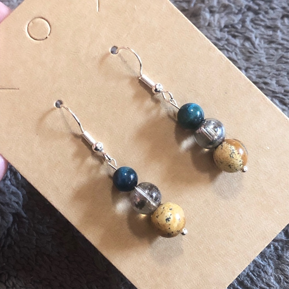 Handcrafted genuine stone yellow feather jasper cats eye glass dangle earrings